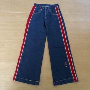 Women's UNIF Size 23 Dee Pants Wide Leg Denim Red Velour Stripe Embroidered RARE